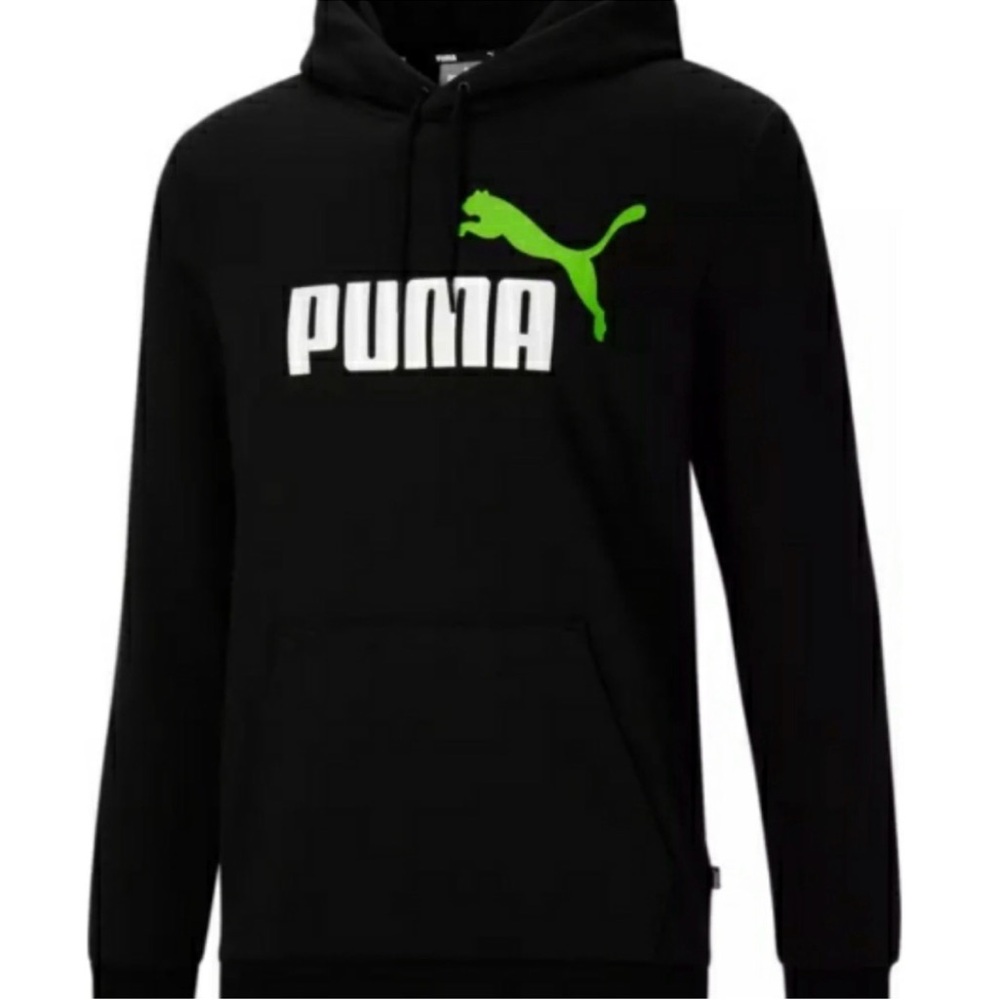 Puma Black Hoodie with Lime Green Logo and White Text